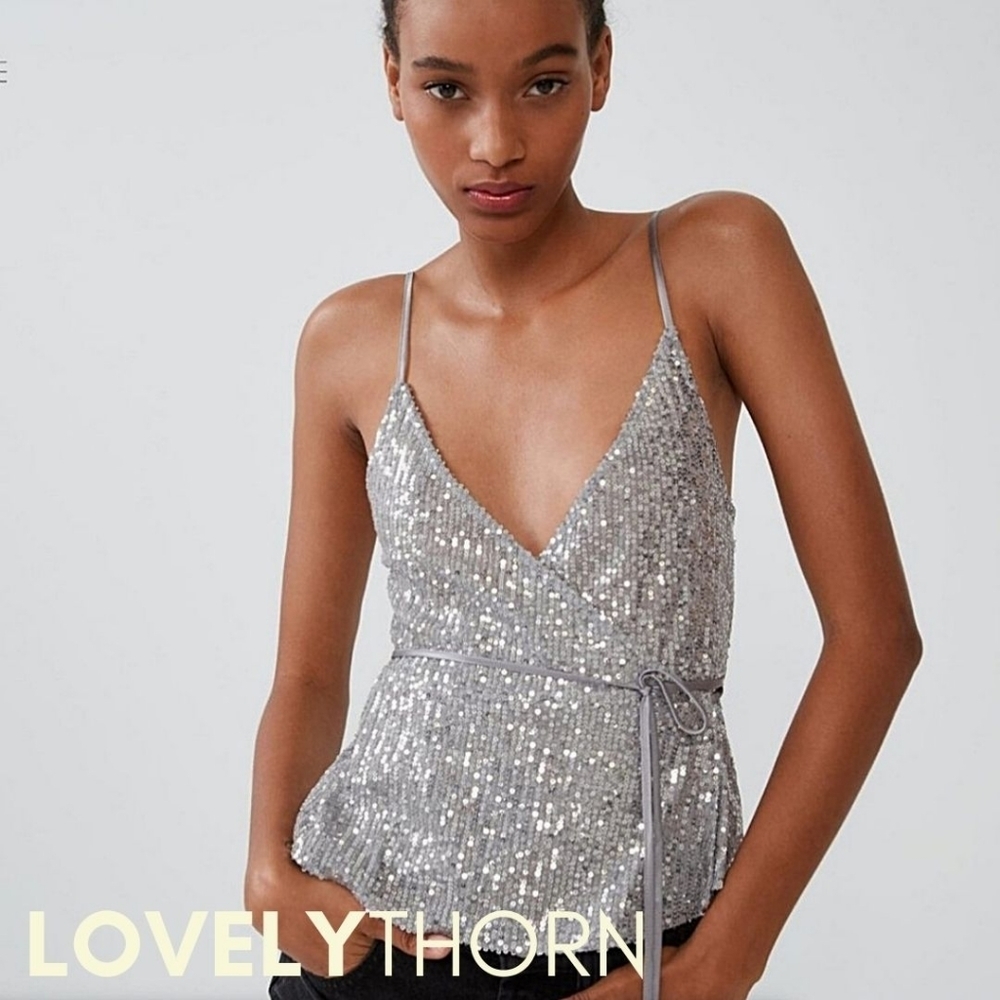 Zara Silver Sequin Wrap Cami Top